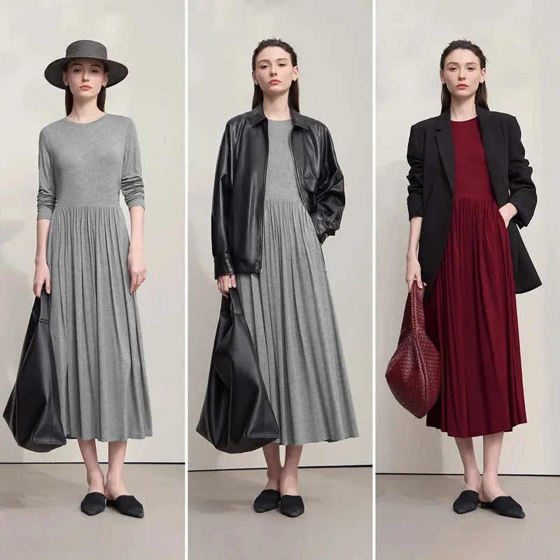 Side view of the mid-calf knit dress, emphasizing its mobility and chic appeal.