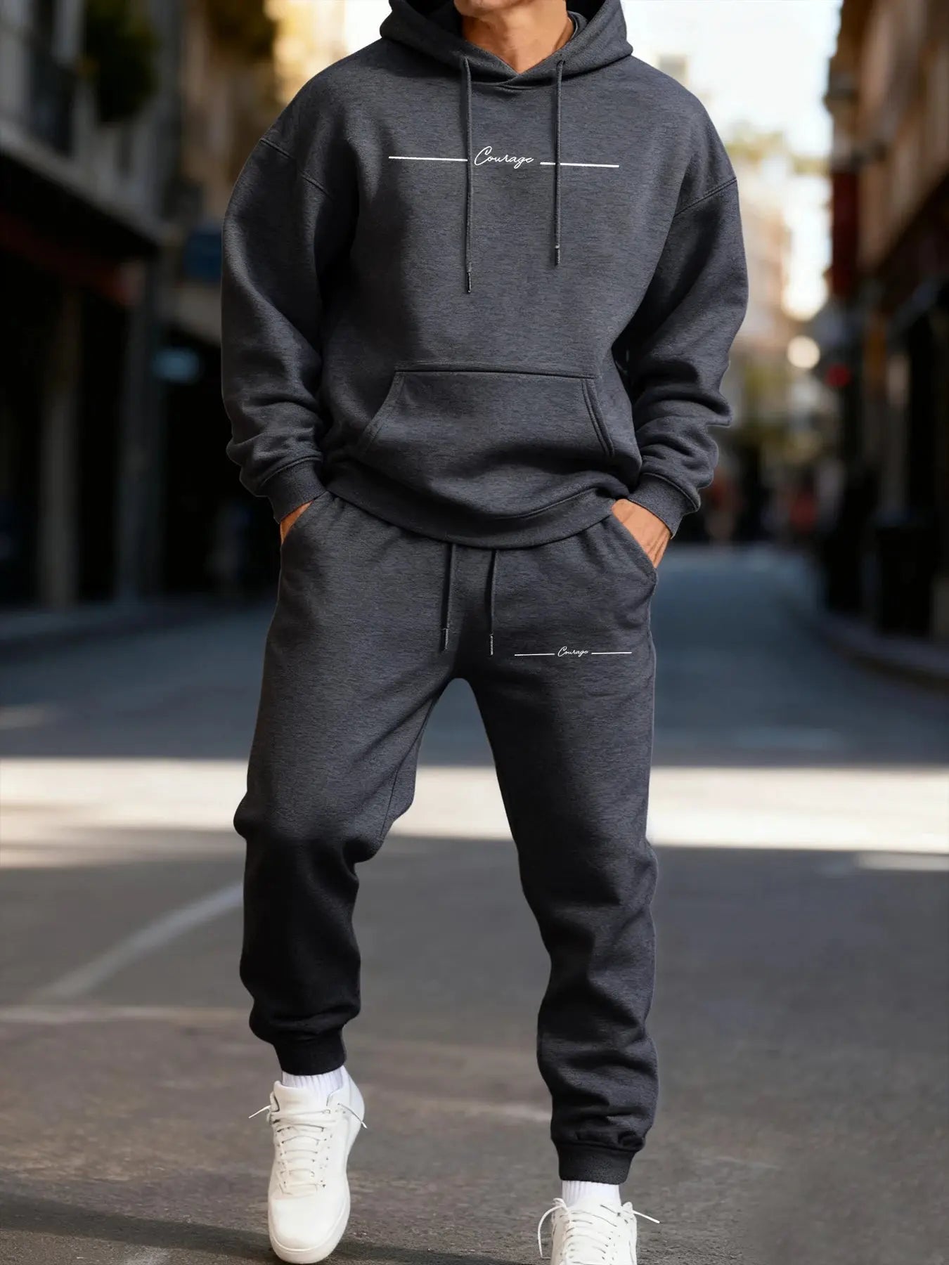 Urban Comfort hoodie set in navy fleece with minimalist design for cool city nights.