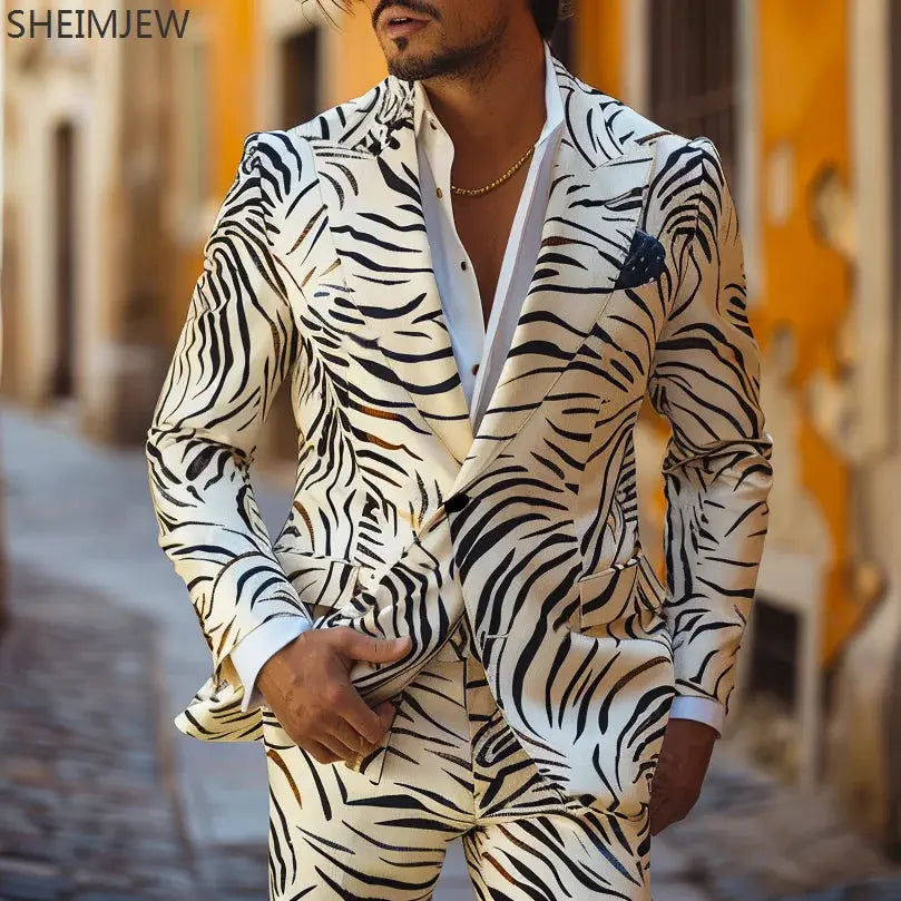 Men's vibrant suit ensemble styled for a wedding, highlighting its eye-catching design.
