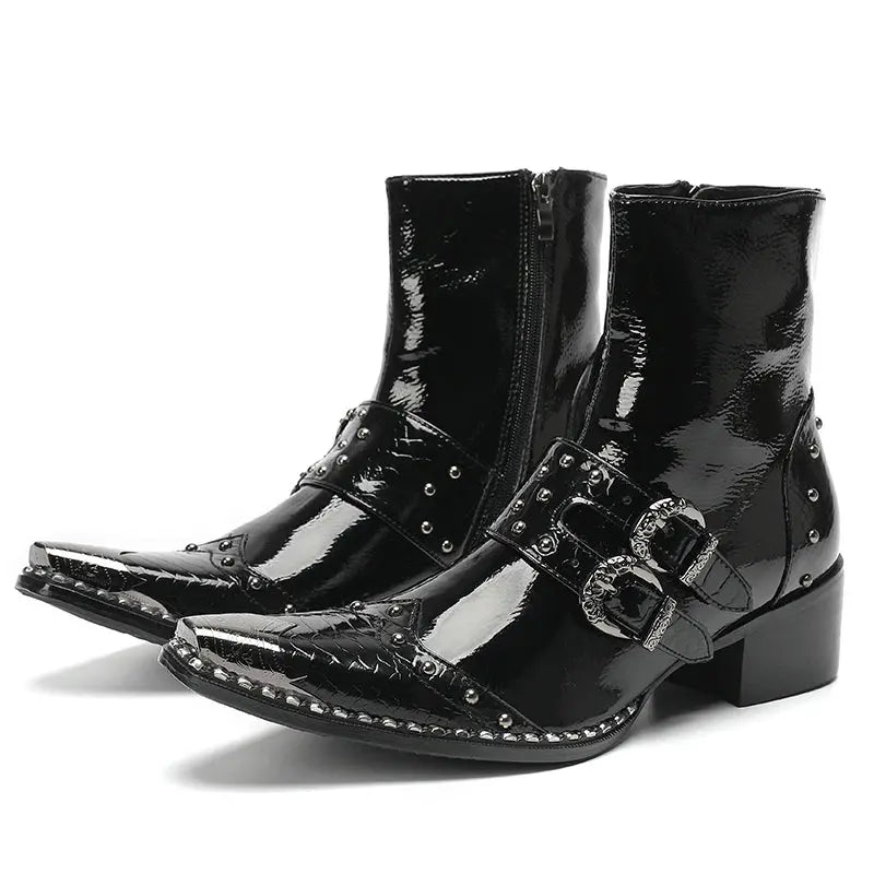 Handcrafted brown leather ankle boots with metal buckle straps and pointed toe on white background