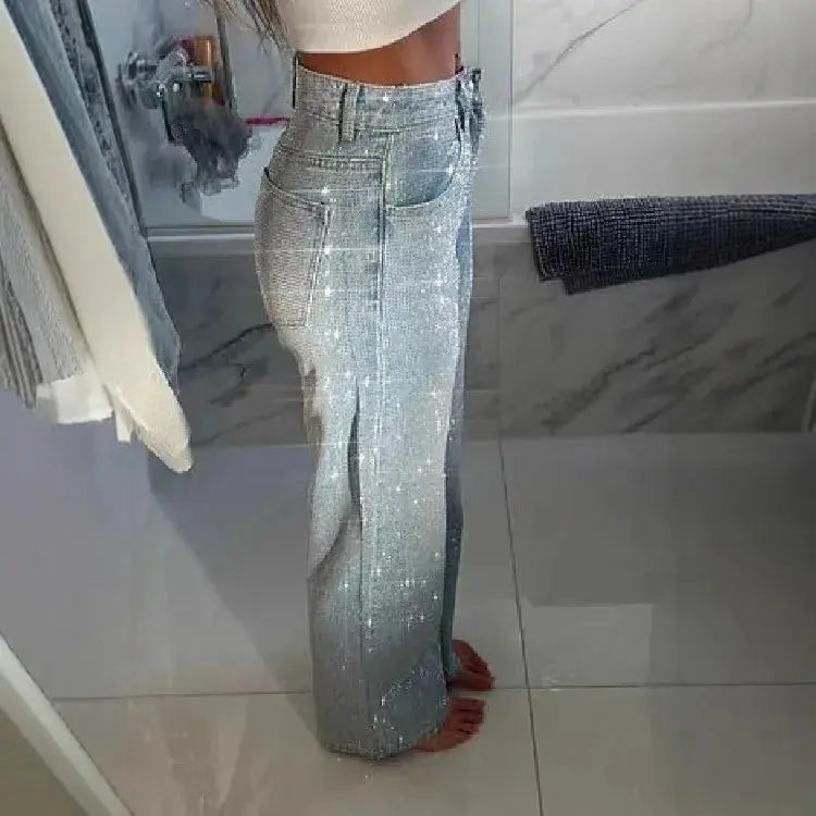 Model wearing high-waist radiance jeans, highlighting flattering silhouette.