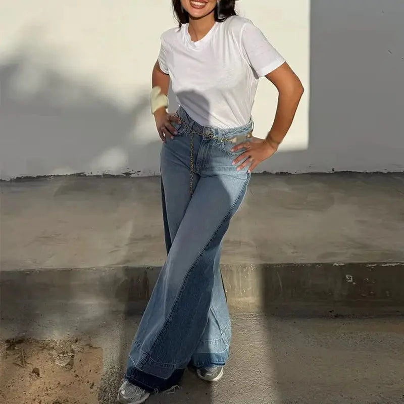 Close-up of breathable fabric blend in Denim Dreams wide-leg jeans, showcasing comfort and style.
