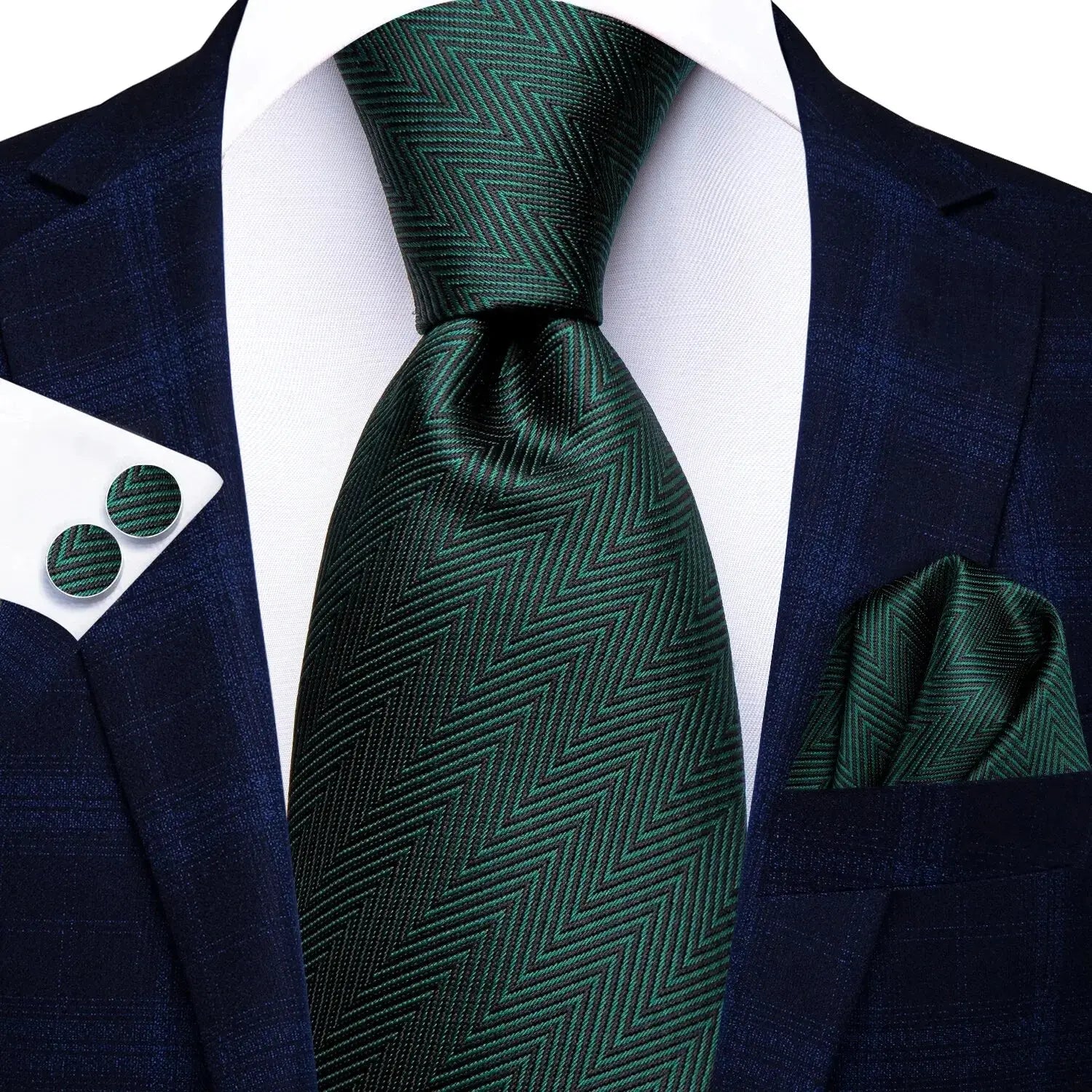 Silk tie set styled with a classic white dress shirt for formal wear.
