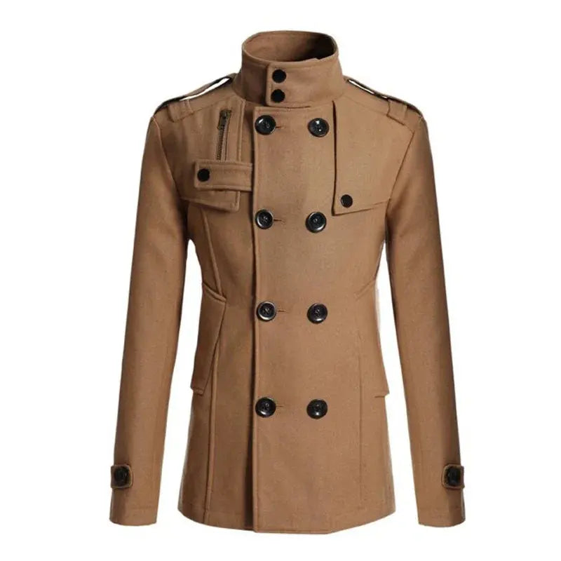 Back view of the premium woolen overcoat, highlighting its sleek silhouette.