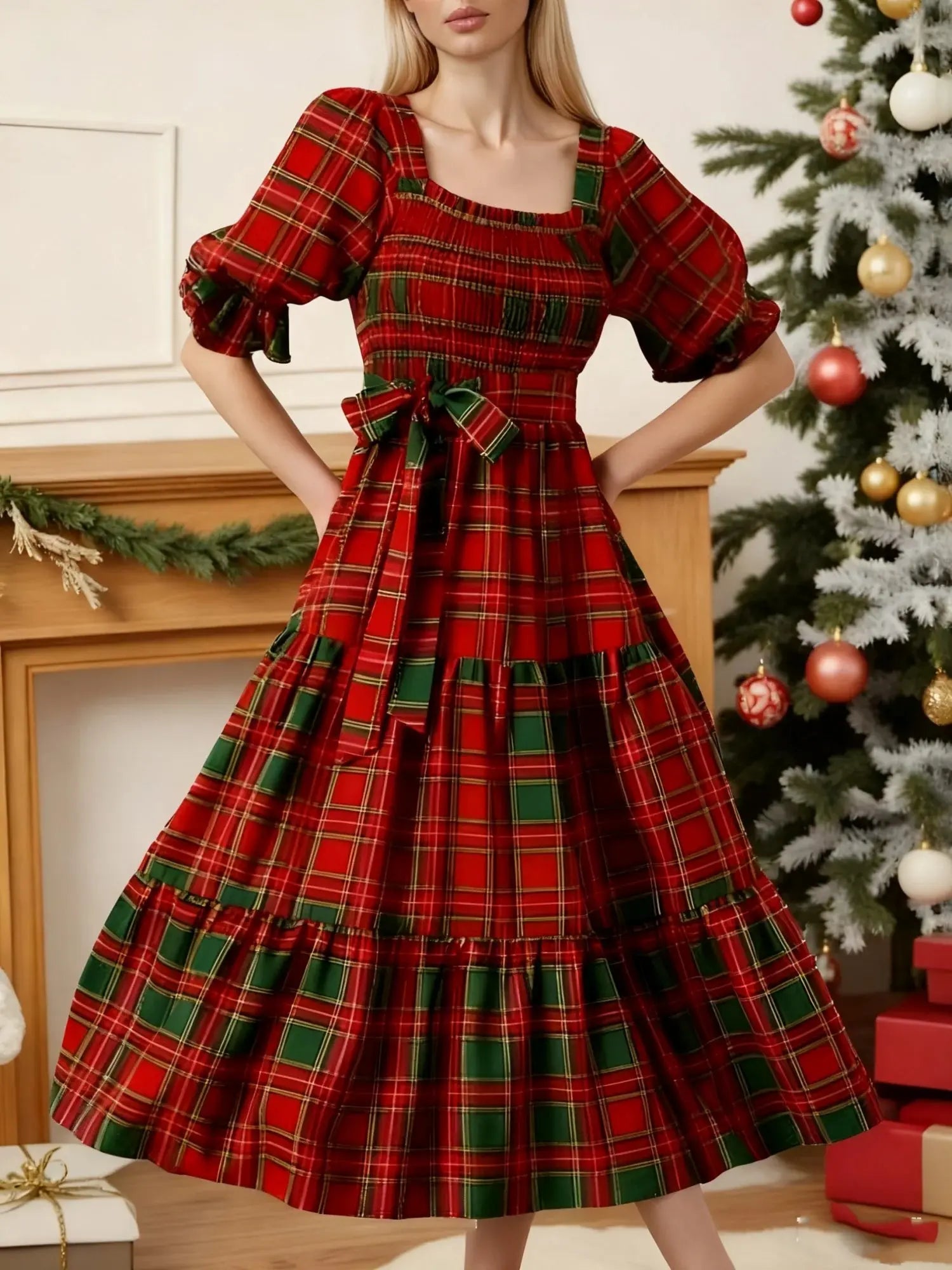 Back view of the Captivate in Plaid dress, emphasizing the stylish puff sleeves and bow detail.