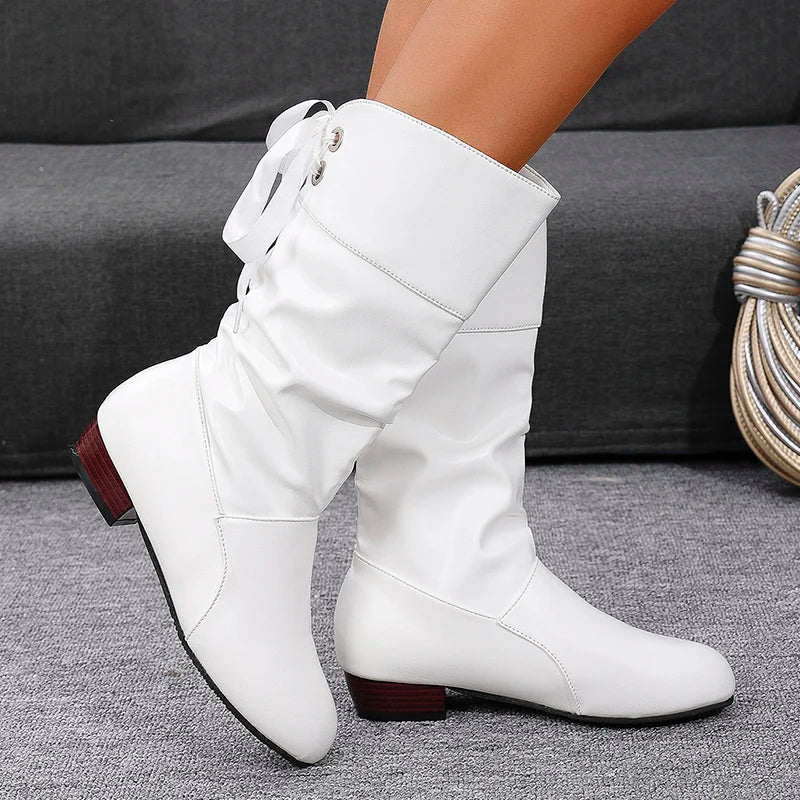 Pleated PU leather cowboy boots in black with mid-calf height and lace-up closure