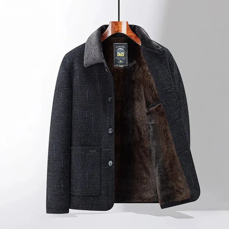Luxe wool coat in deep navy, perfect for urban elegance during winter.
