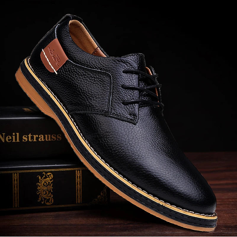 Sleek black leather oxfords with polished finish and brogue details.