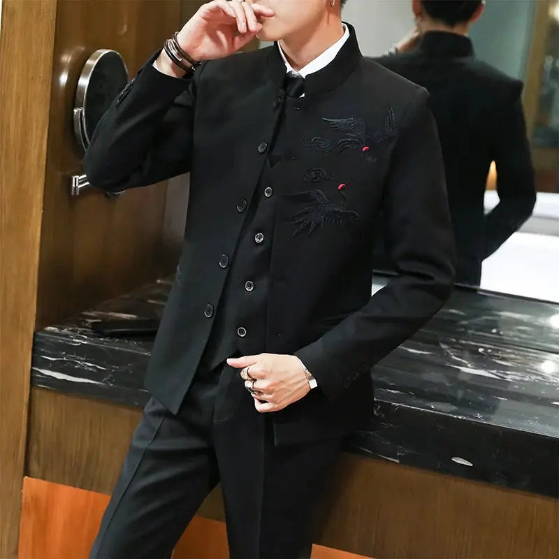 Modern three-piece wedding suit with stand-up collar in high-quality polyester fabric.
