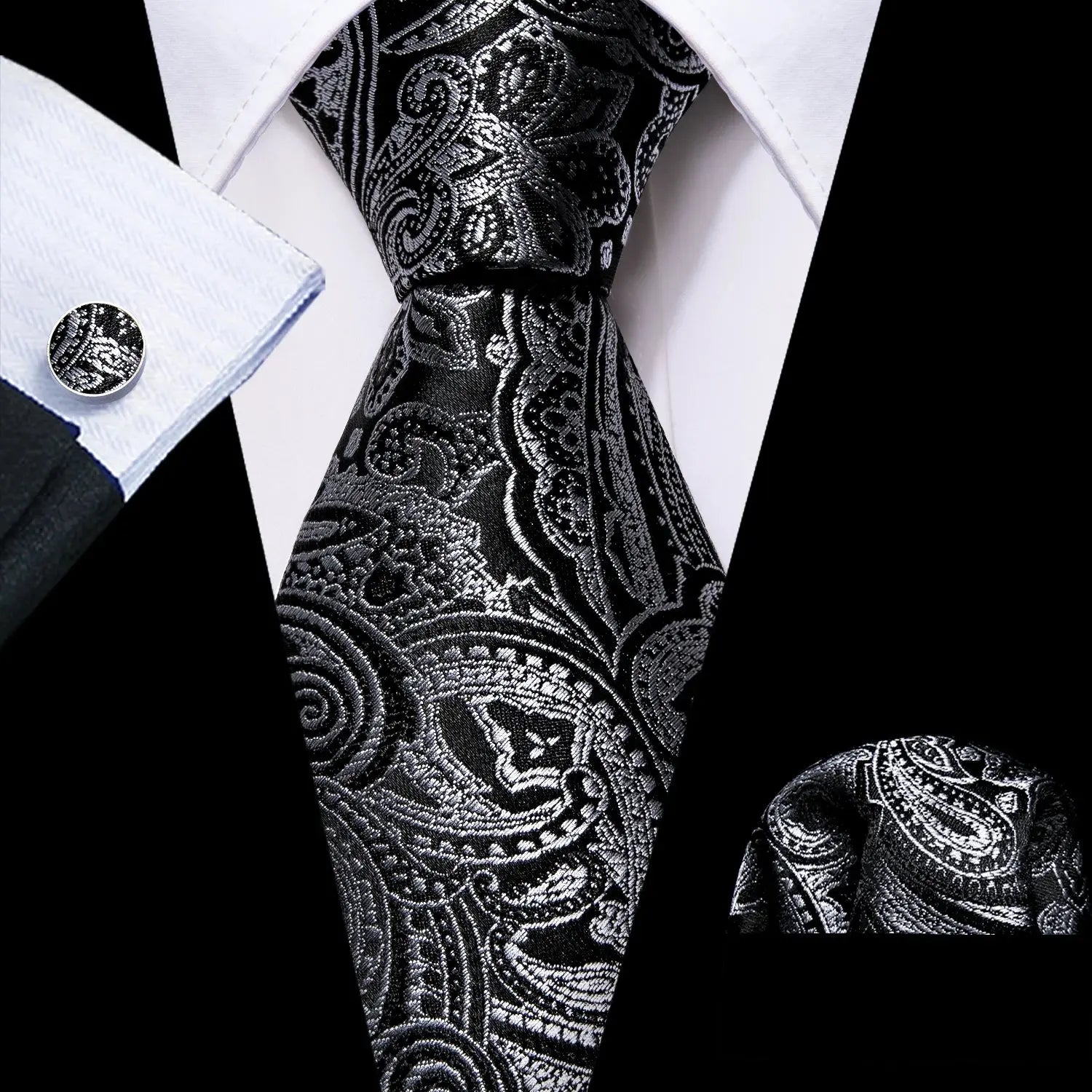 Complete silk tie set in black for formal occasions