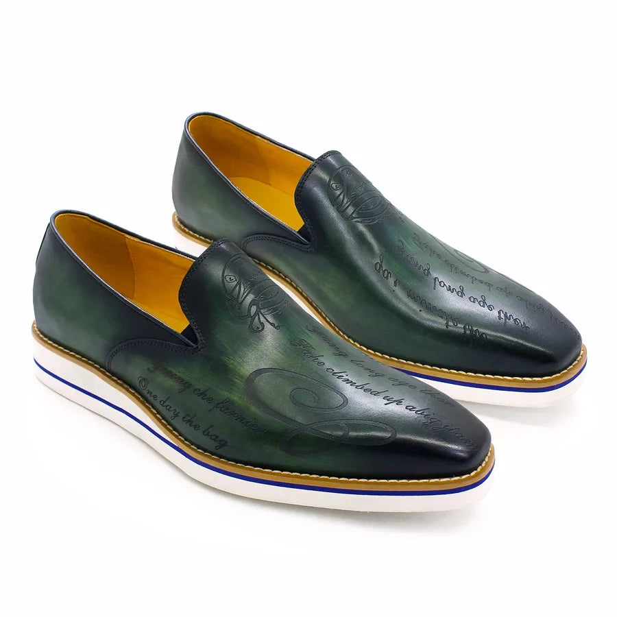 Men's slip-on leather loafers with artisan laser pattern and comfortable breathable design