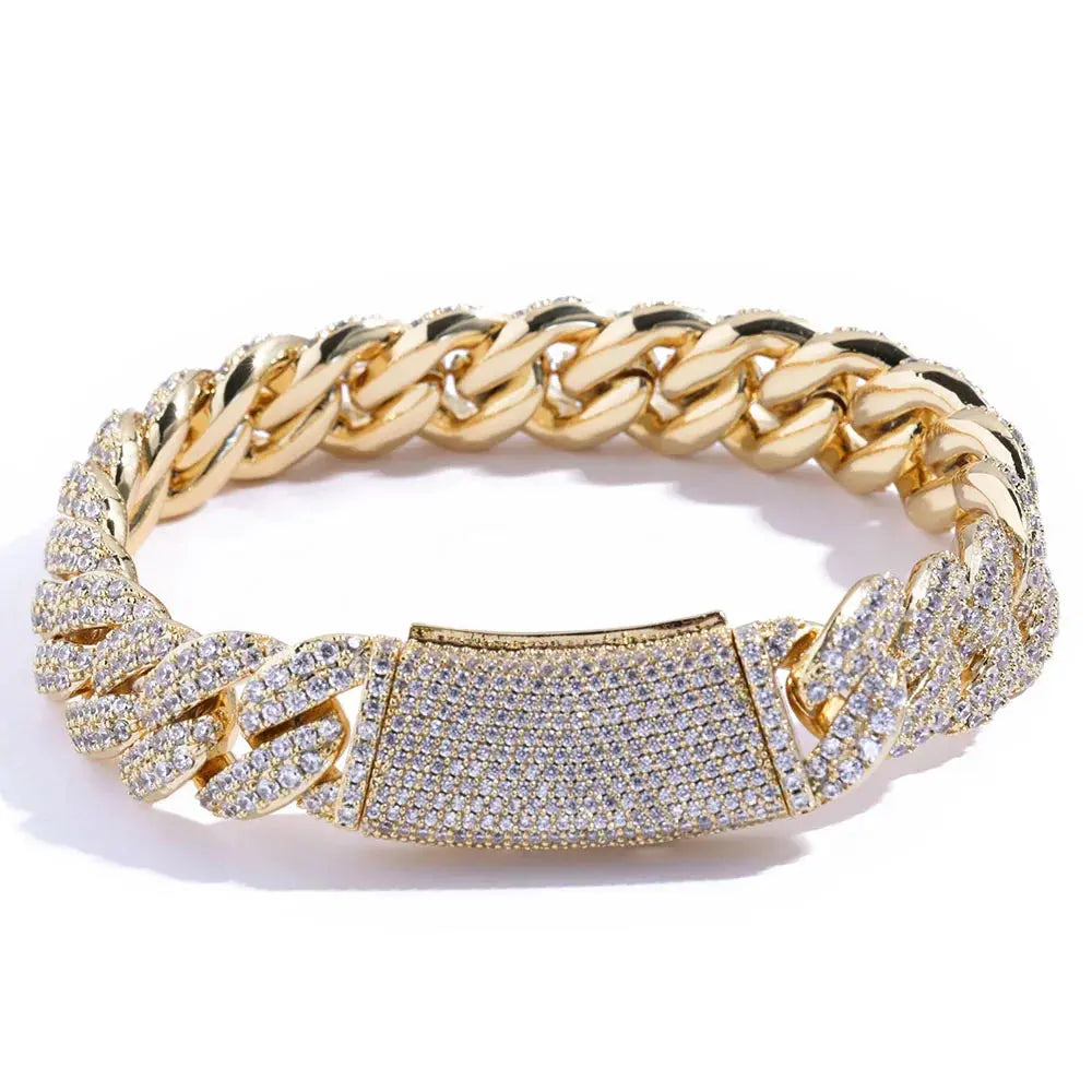 Woman wearing sparkling Miami Cuban chain necklace with 5A cubic zirconia, statement jewelry piece