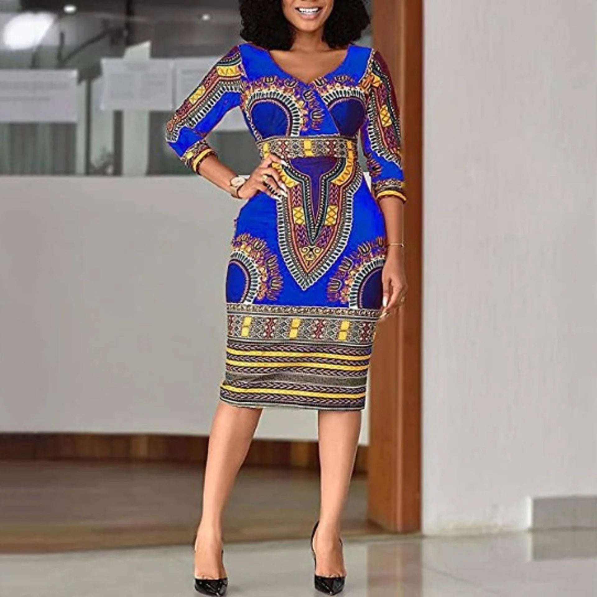 African Women's Ethnic Print V-Neck A-Line Hip Skirt