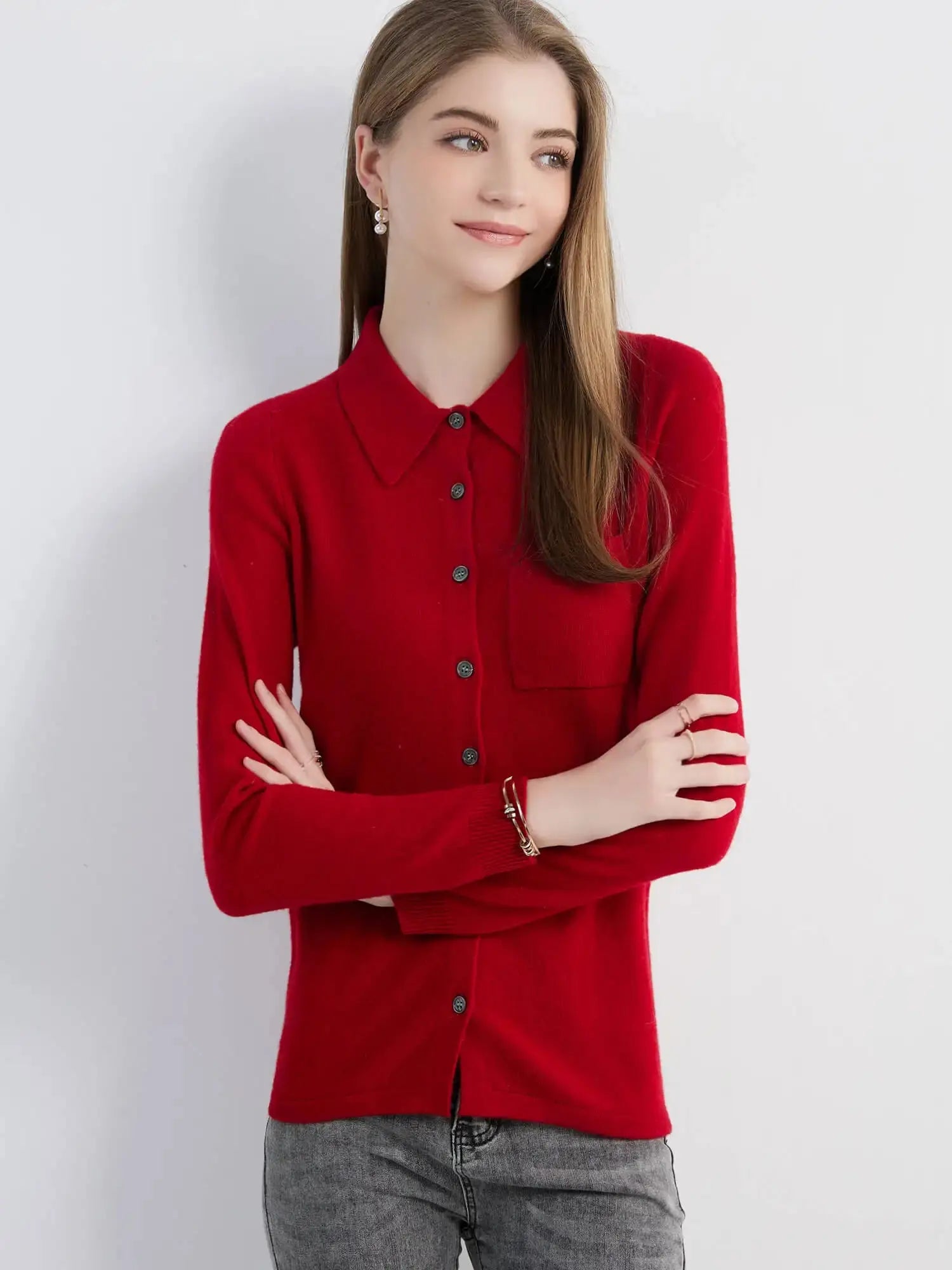 Model styled in the cardigan for a professional look in an office setting.