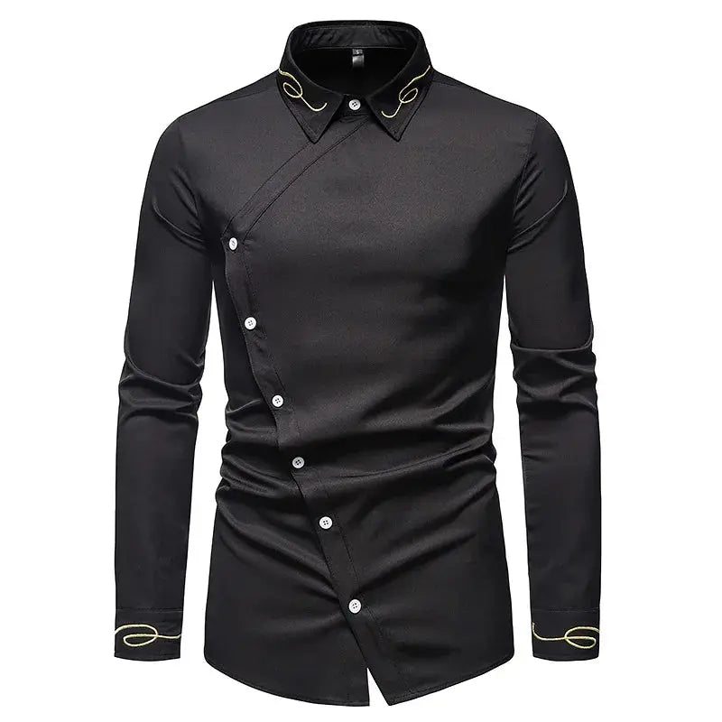 Men's white shirt with diagonal button closure and artisan embroidery for spring and fall