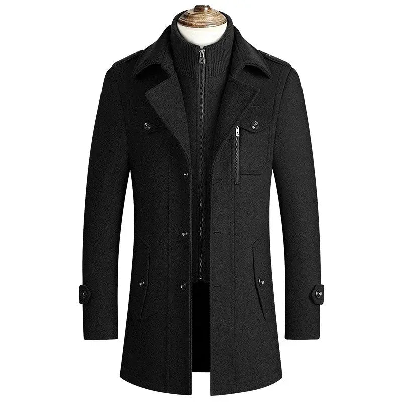Model wearing the cashmere blend coat, exuding confidence in a business setting.