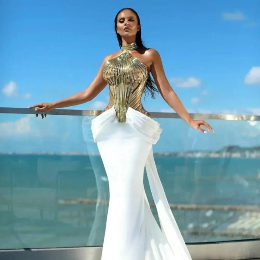 Elegant satin Moonlit Gala gown in white with a flattering mermaid silhouette and halter neckline.