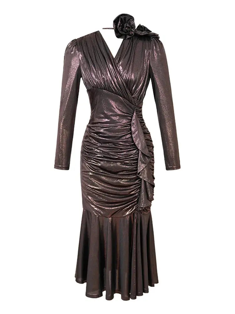 Model wearing Midnight Shimmer Dress, highlighting its flattering mid-calf length and graceful fit.