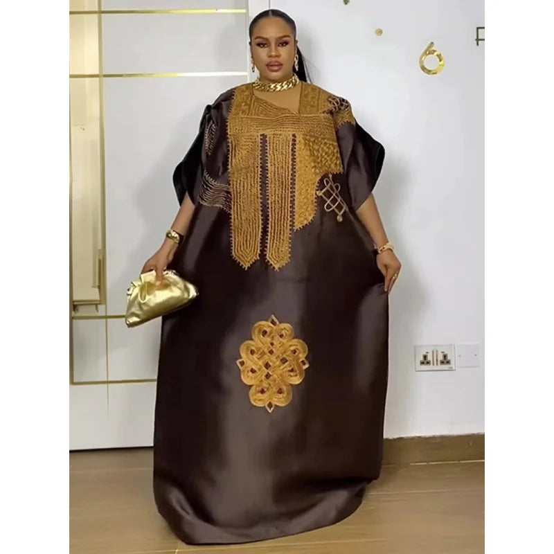 African Dresses For Woman Plus Size Women's Fashionable Elegant Satin Square Neck Embroidered Loose Casual Long Robe Dress