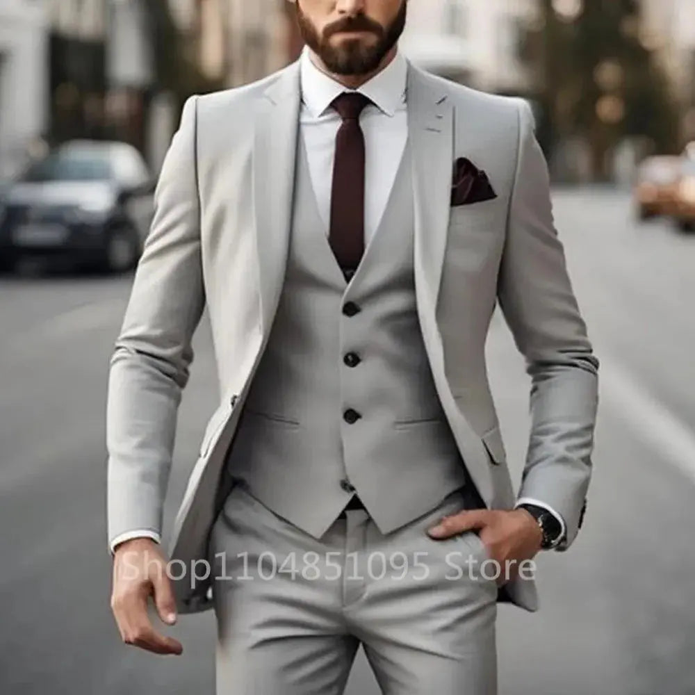 Men's tailored suit set in charcoal gray, ideal for boardroom meetings.