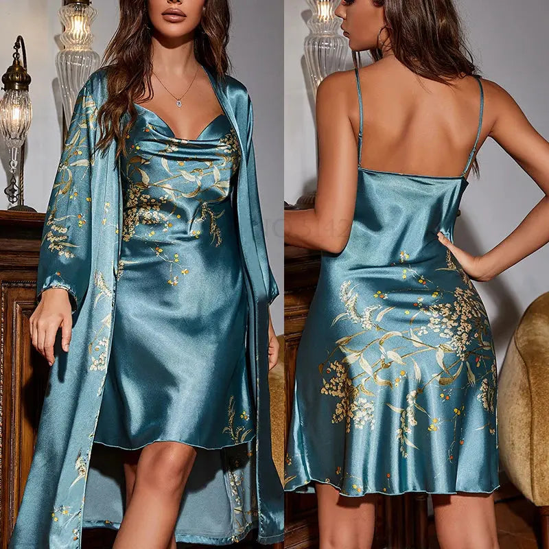 Cherry Blossom Satin Robe Set in soft pink satin with elegant floral print.