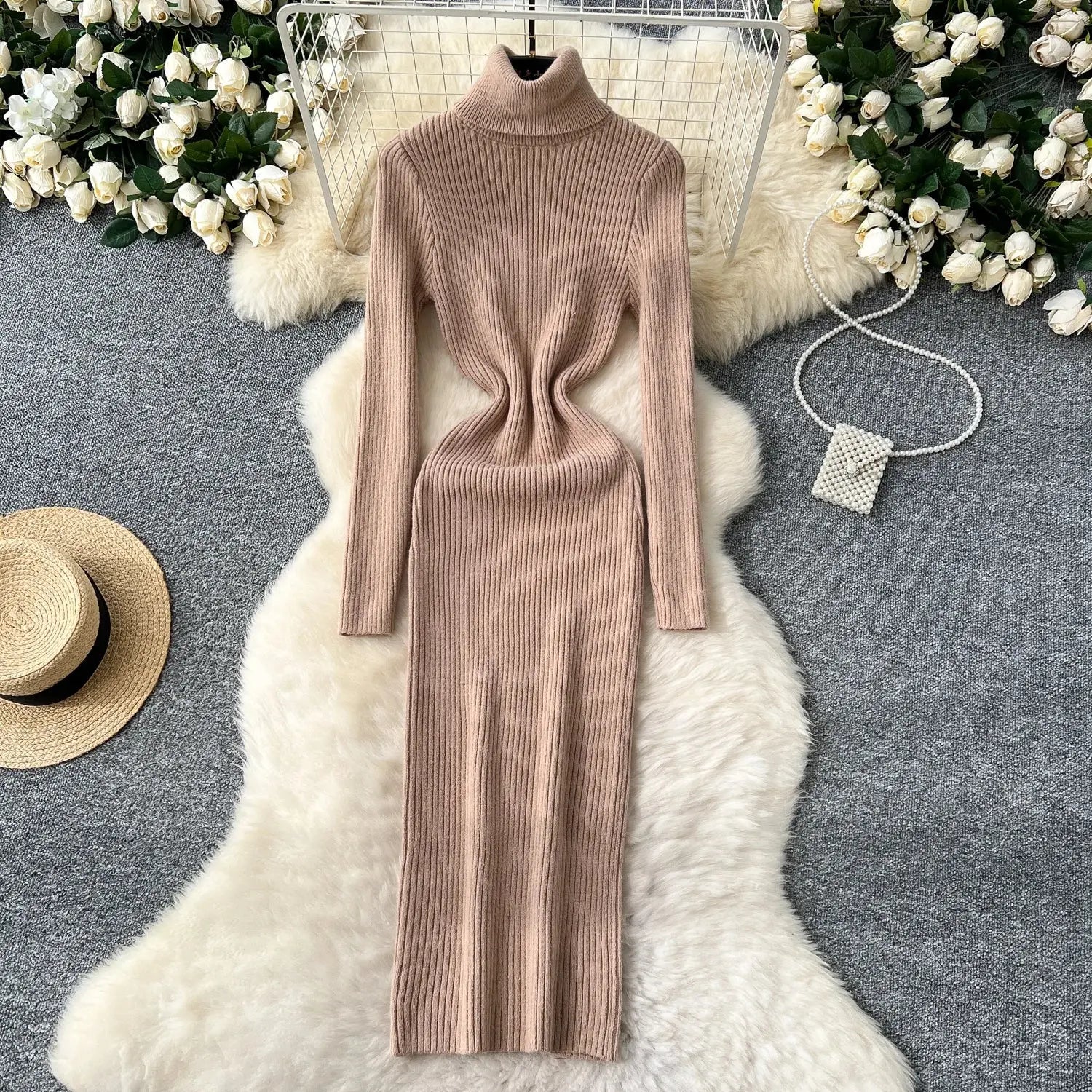 Winter Whisper Dress in a cozy winter setting, capturing its seasonal elegance and warmth.