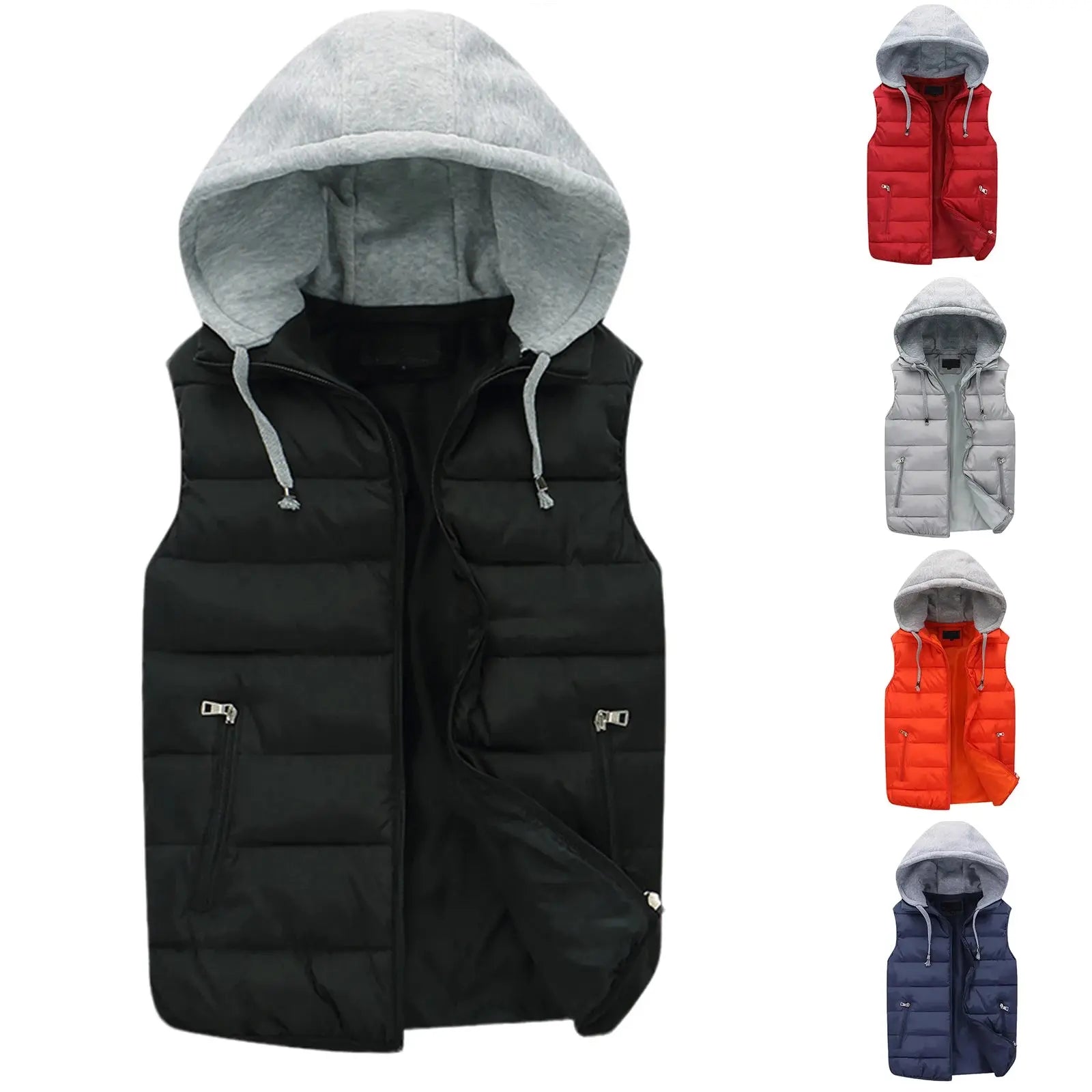 Men's Winter Embrace Vest in navy, featuring a detachable hood and thermal insulation for warmth.