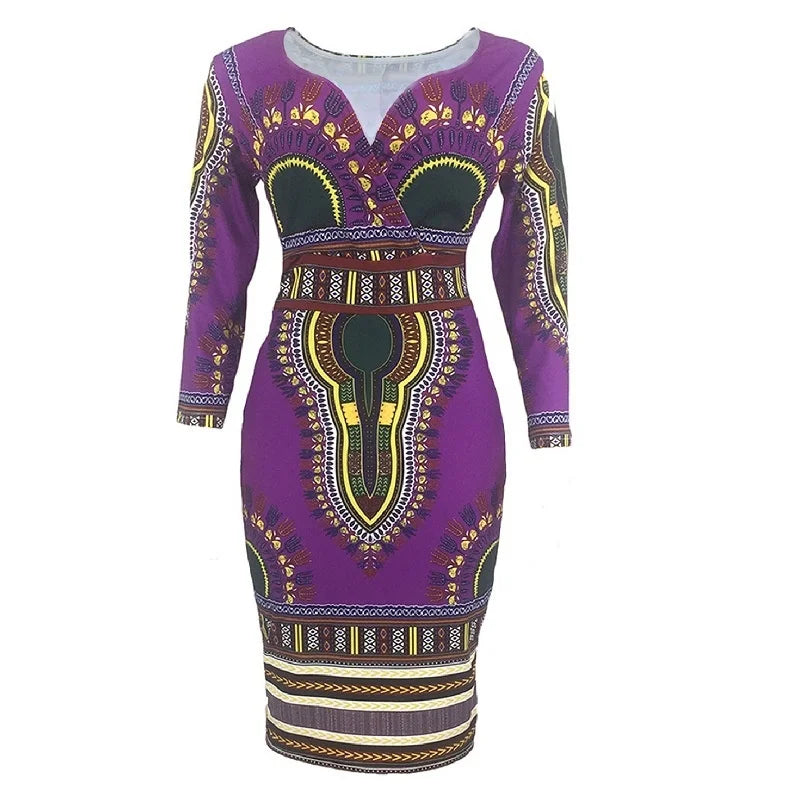 African Women's Ethnic Print V-Neck A-Line Hip Skirt