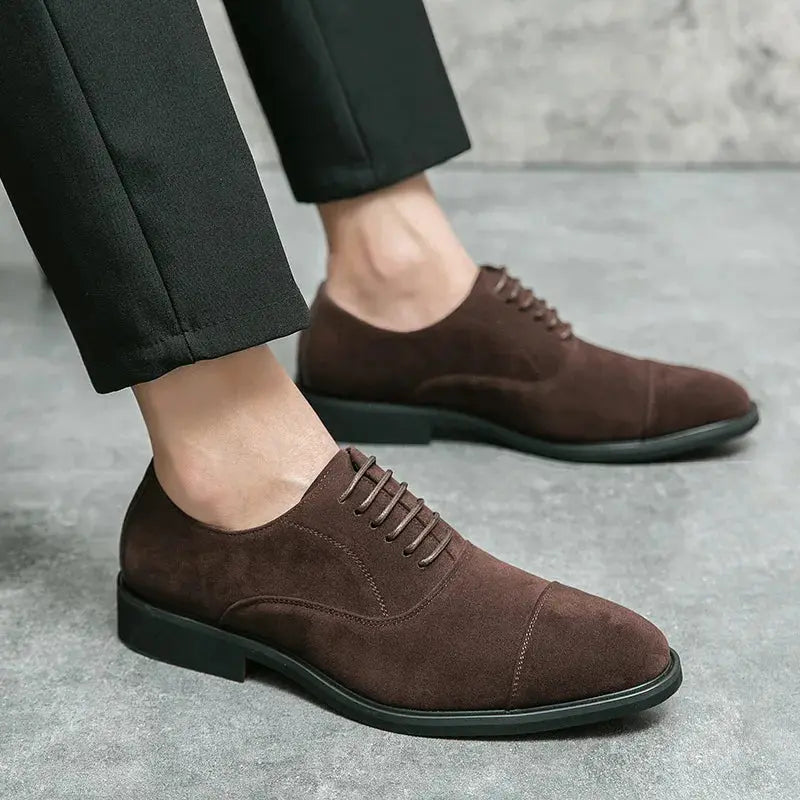 Close-up of the breathable PU lining inside the brown suede oxfords for all-day comfort.