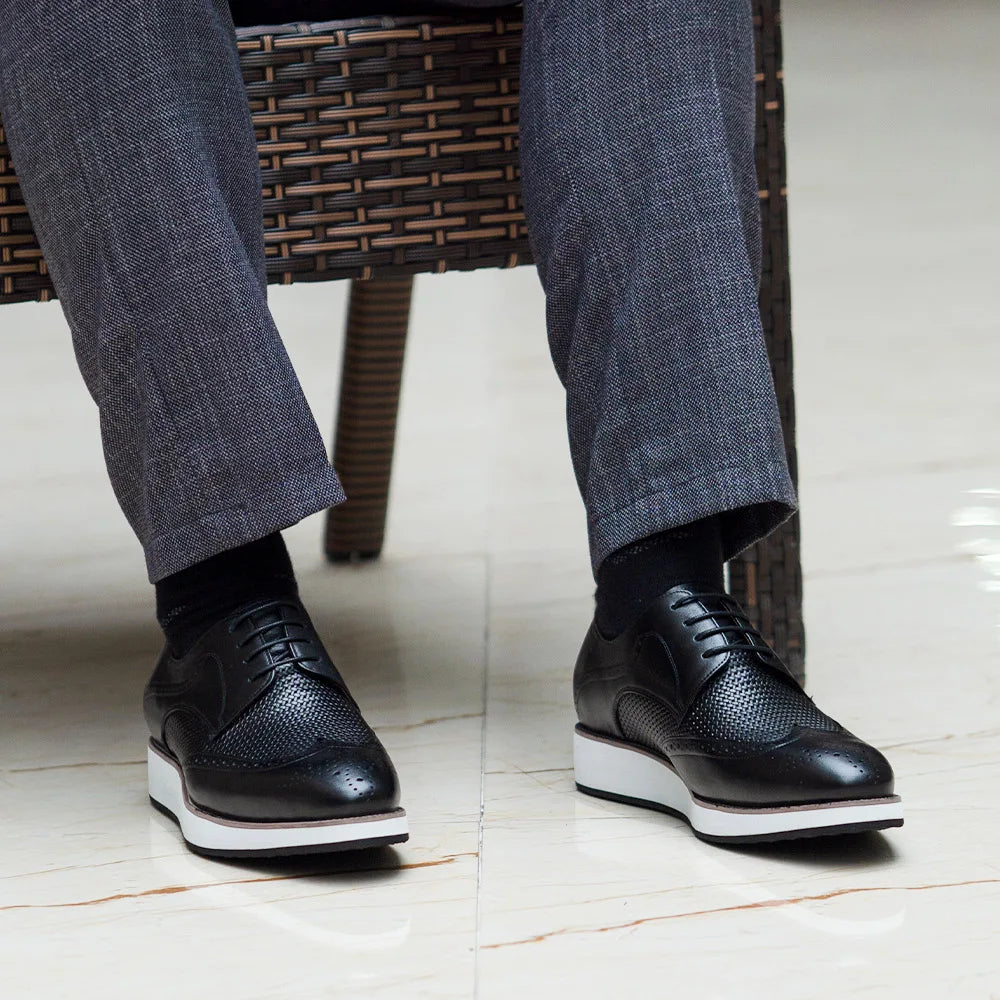 Classic black brogue derby shoes with perforated wingtip design perfect for formal business occasions