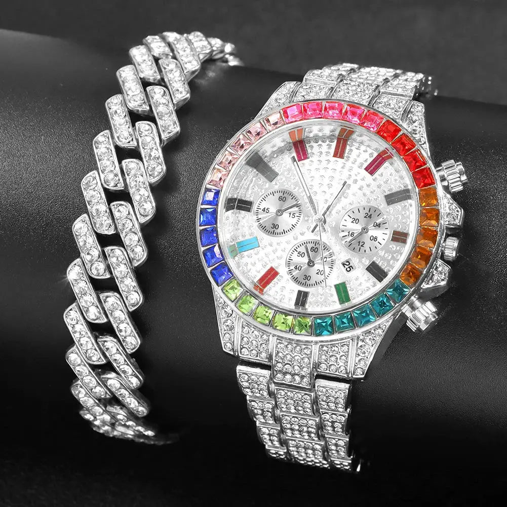 Hip-hop glamour: iced-out watch and bracelet set with bold, eye-catching design.