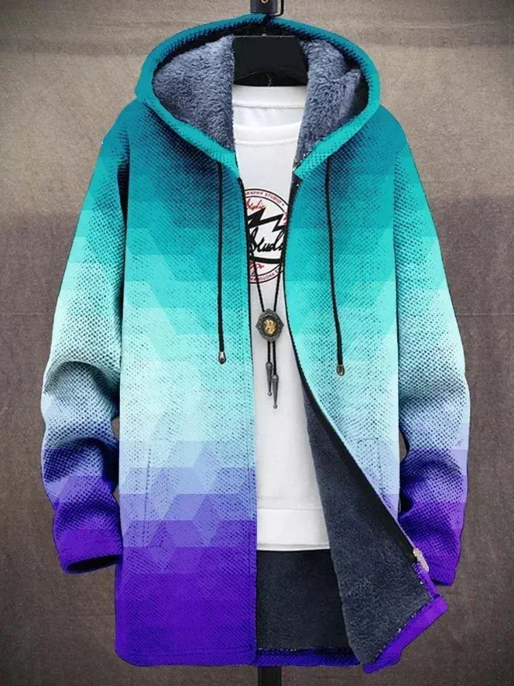 Side view of the stylish winter coat, emphasizing its bold colors.