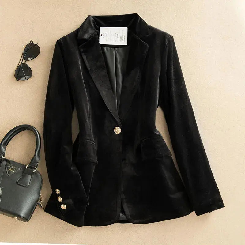 Golden velvet blazer designed for confidence in business meetings and social events.