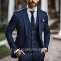 Men's tailored suit set in navy blue with peak lapel jacket and matching vest.