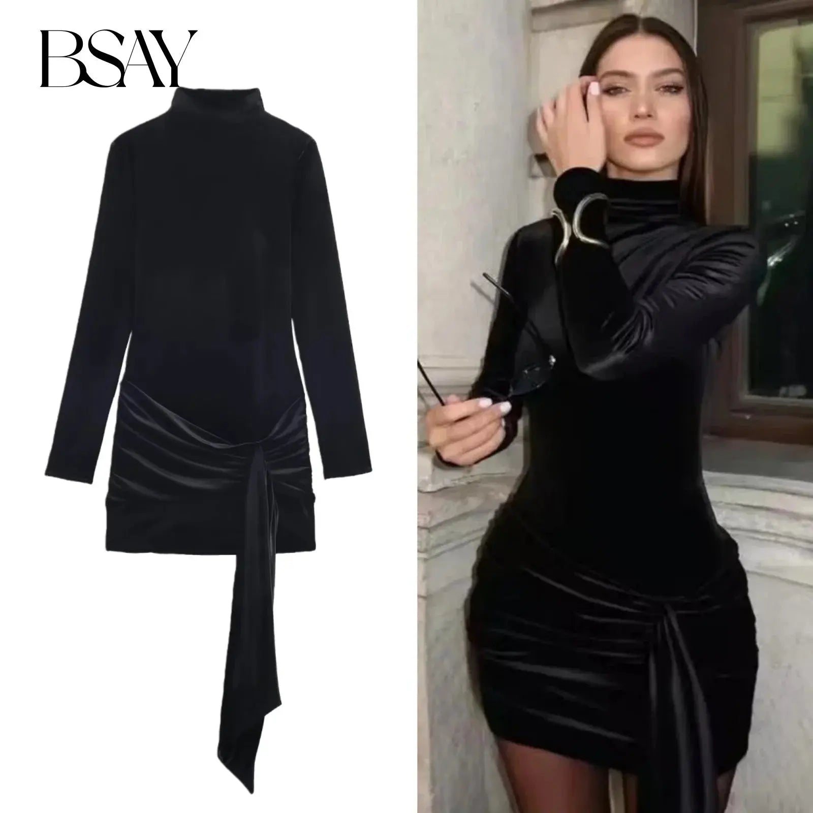 Midnight Charm Velvet Mini Dress in deep navy, showcasing luxurious velvet fabric and elegant turtleneck.