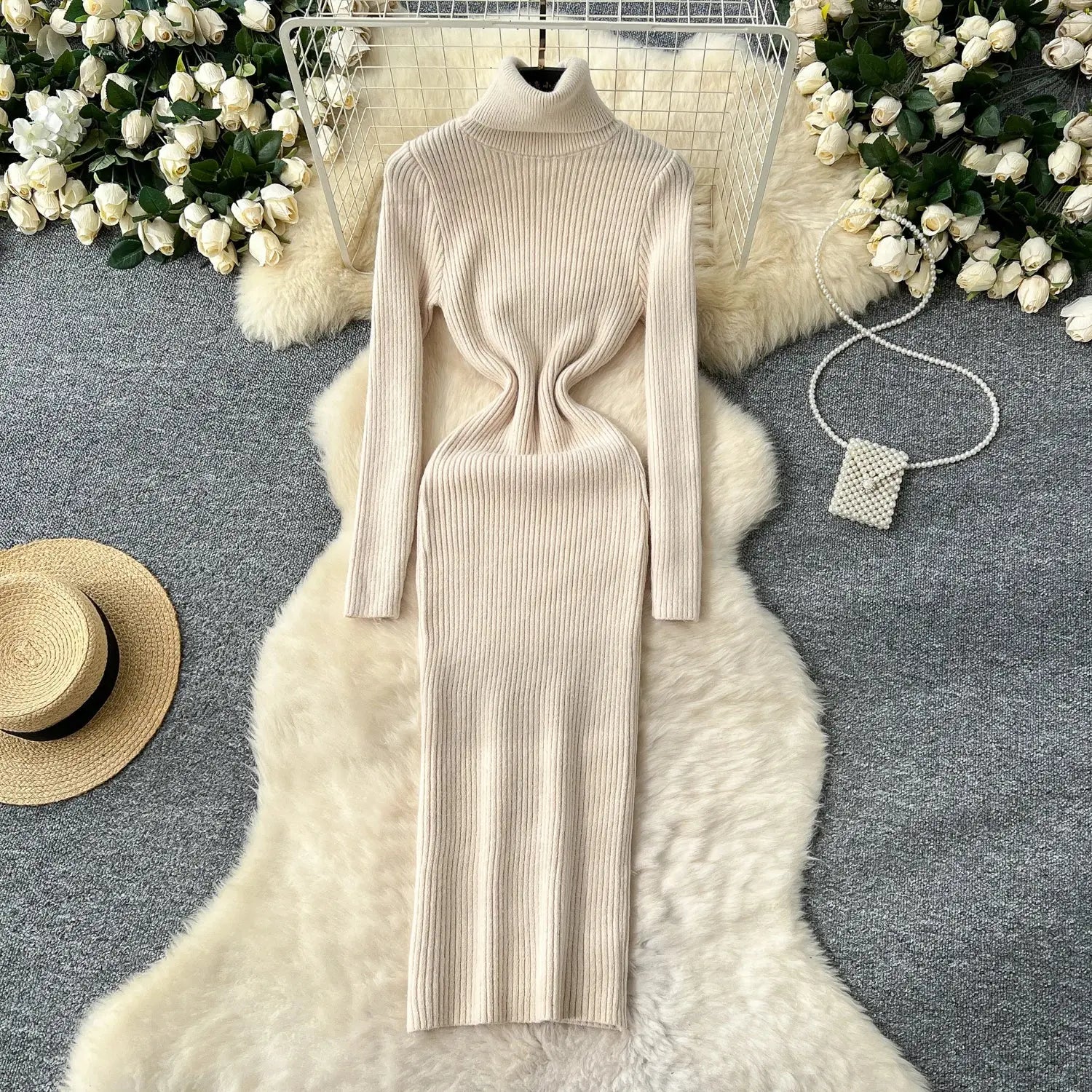 Winter Whisper Dress styled with a chic jacket, perfect for office wear and casual outings.
