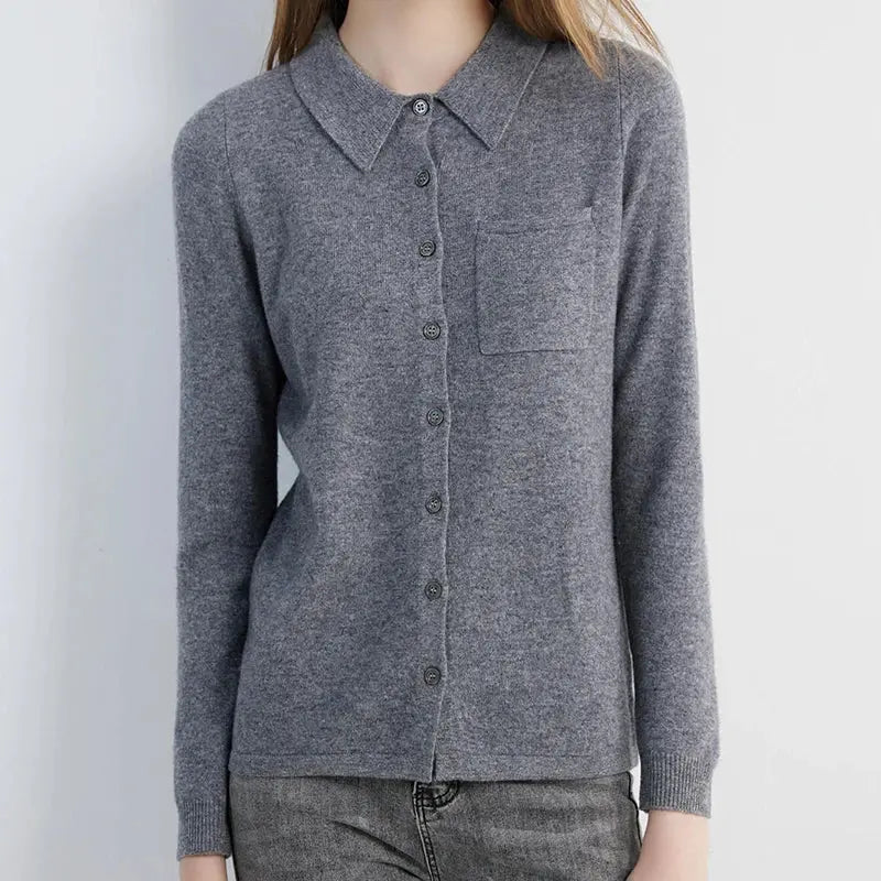 Back view of the lightweight red Merino cardigan, perfect for layering.