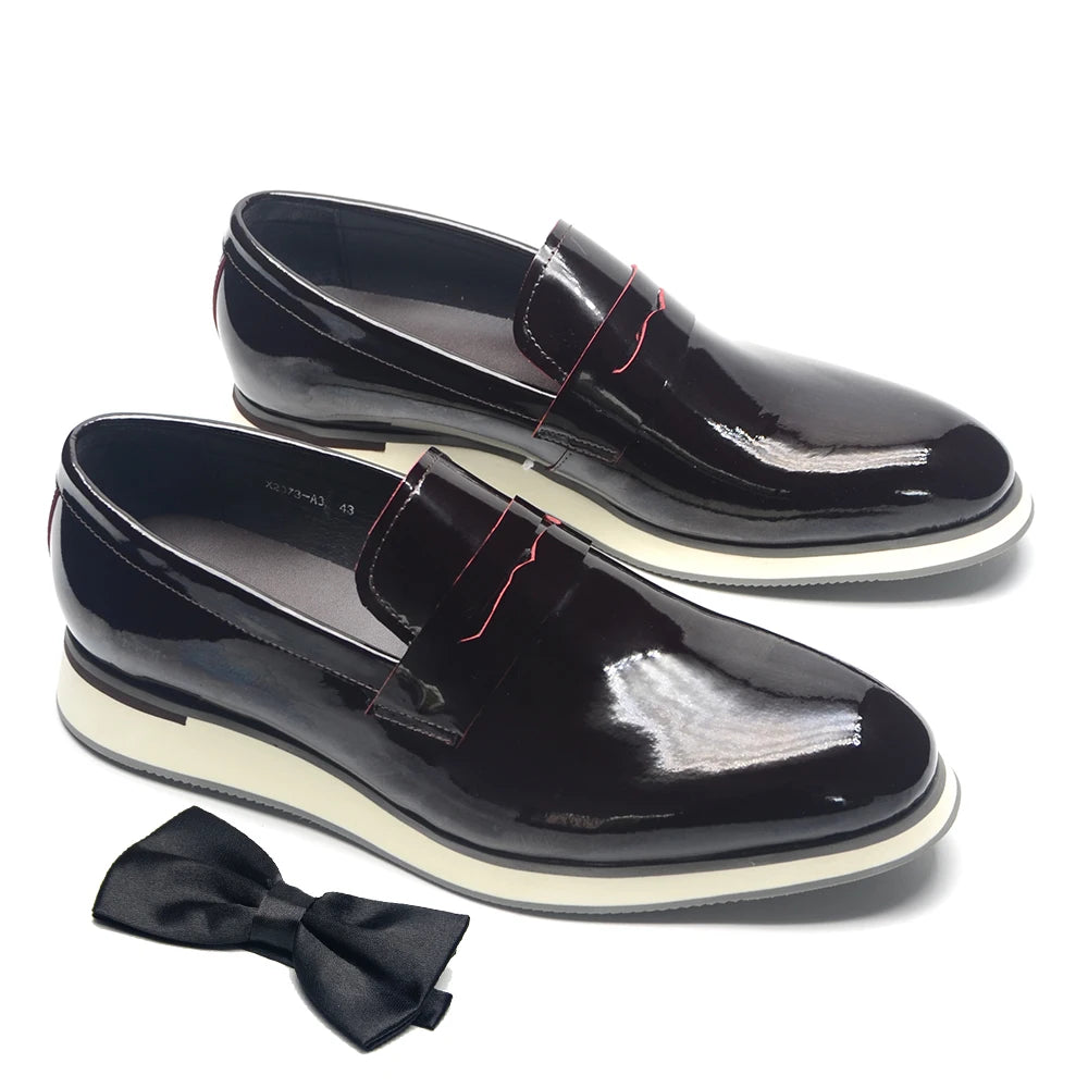 Polished patent slip-on shoes for men with true-to-size comfortable fit
