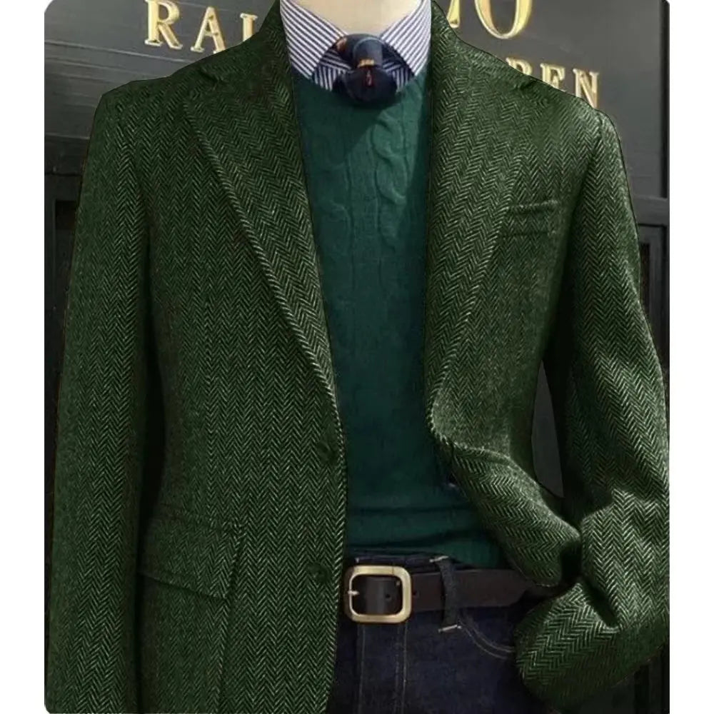 Detail shot of blazer lapel and buttons, emphasizing tailored craftsmanship.