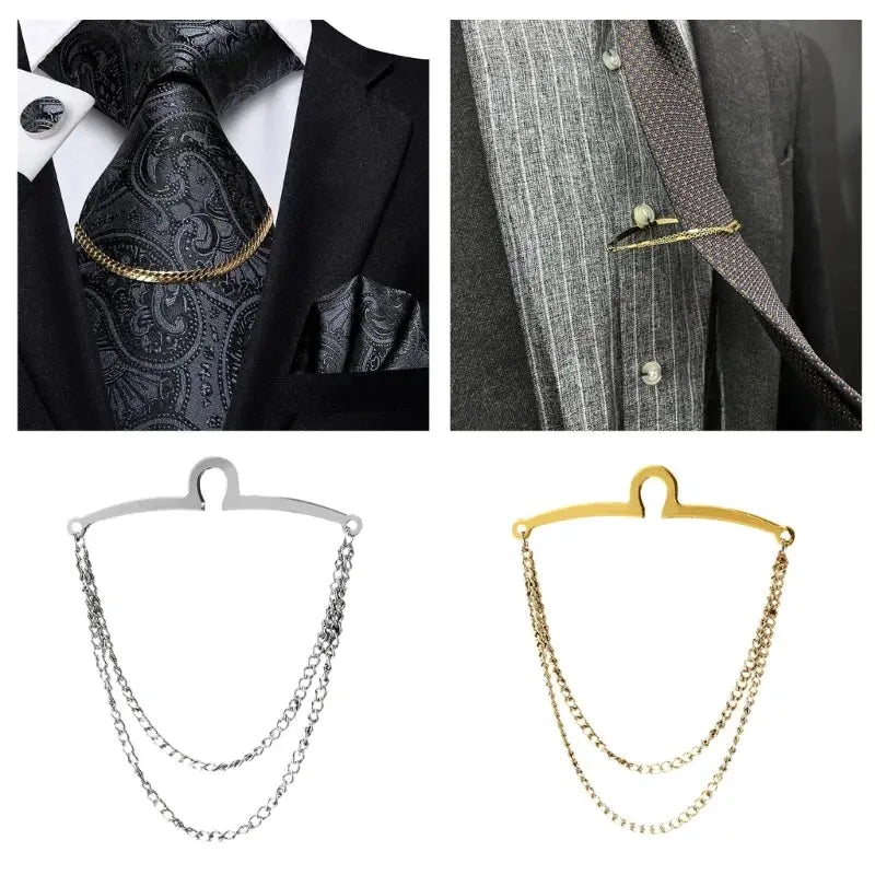 Gold tie chain securing striped necktie to dress shirt for polished formal appearance