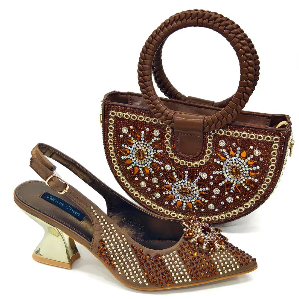 Rhinestone bag set paired with elegant heels, perfect for a polished look.