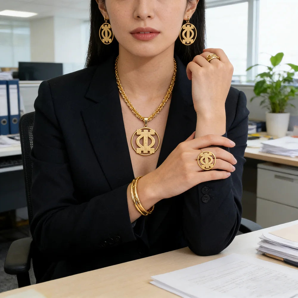 African Gold Clip Earrings, Round Bracelet & Necklace 4PCS Jewelry Set