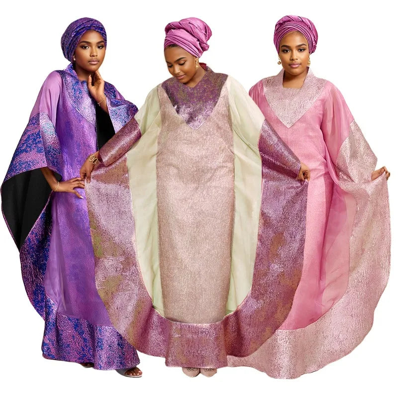 Pink jacquard robe and headscarf set with intricate textured weaving displayed on white background