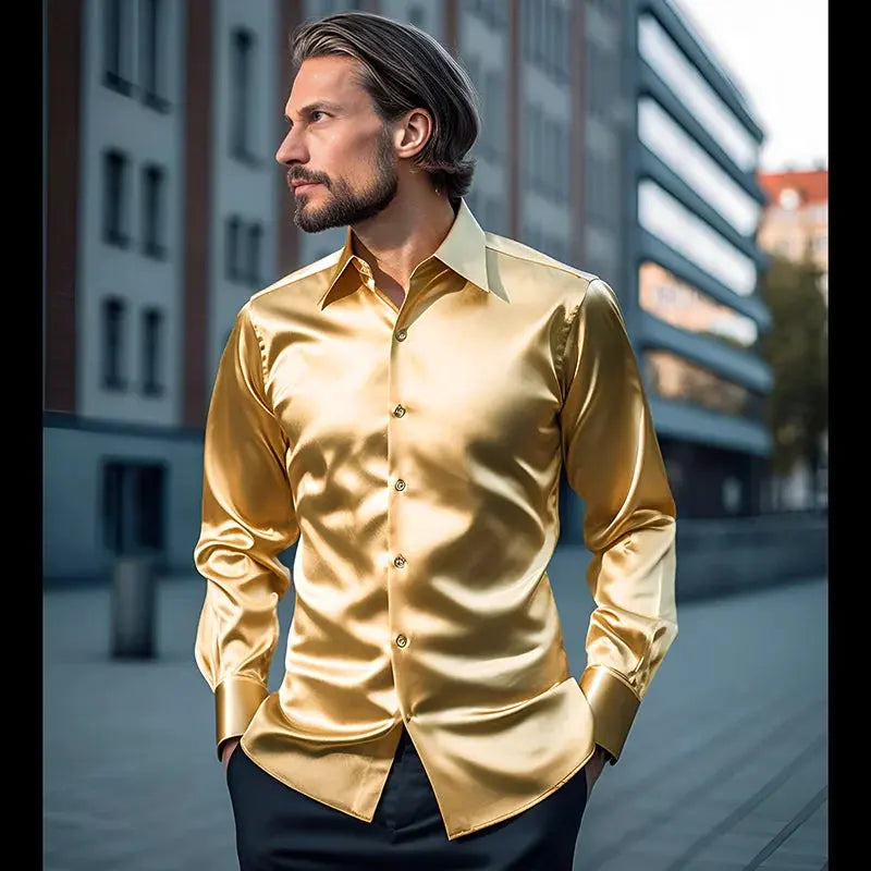 Silken Touch shirt in sleek black, crafted from premium polyester-spandex blend for a luxurious feel.