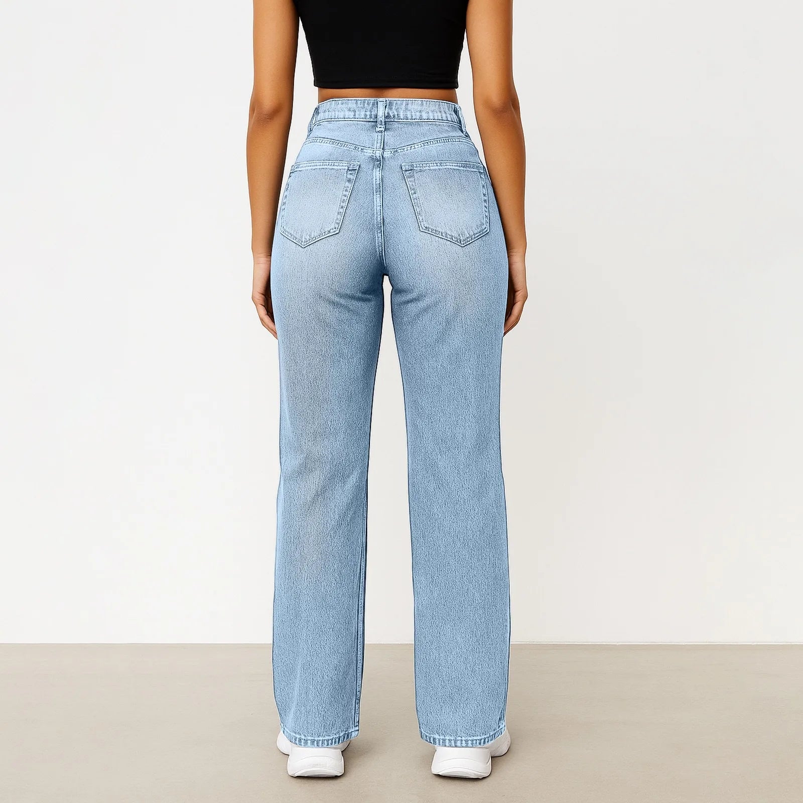 High-waisted wide-leg jeans in soft sky-blue denim for all-day comfort.