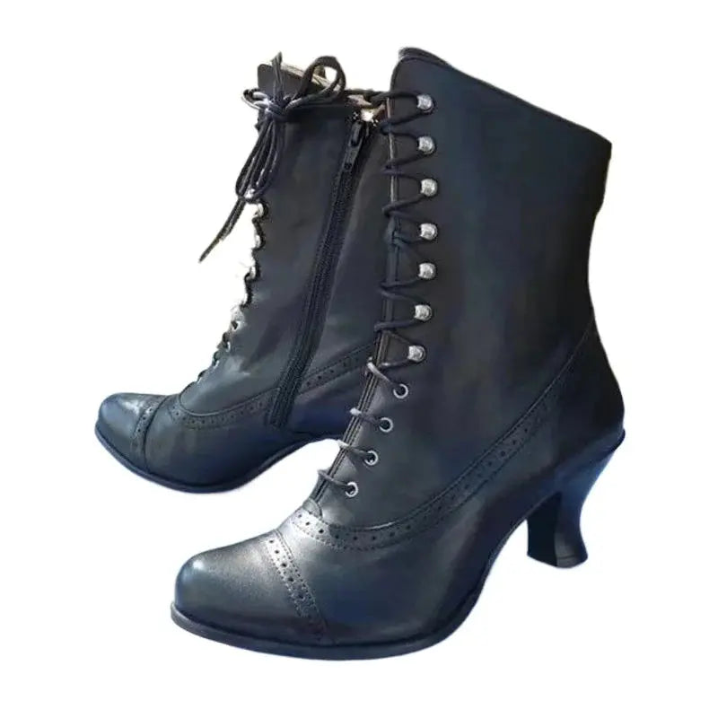 Women's waterproof PU leather platform boots featuring dual lace-up and zip closure design