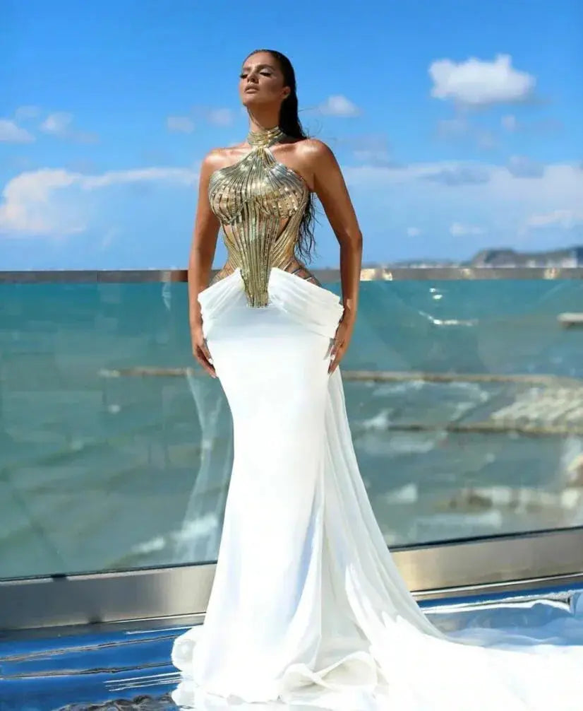 Close-up of the lustrous satin fabric of the Moonlit Gala dress, showcasing its luxurious sheen and smooth texture.