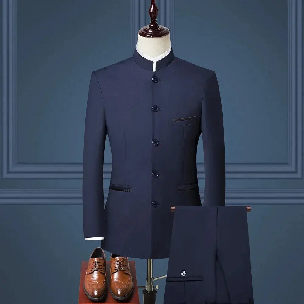 Command the Room tailored suit displayed on a hanger, showcasing its cultural elegance.