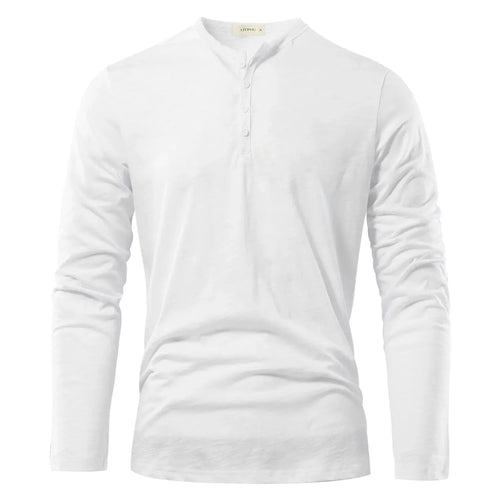 Close-up of the refined Henley collar on the Autumn Whisper Tee, adding sophistication to casual wear.