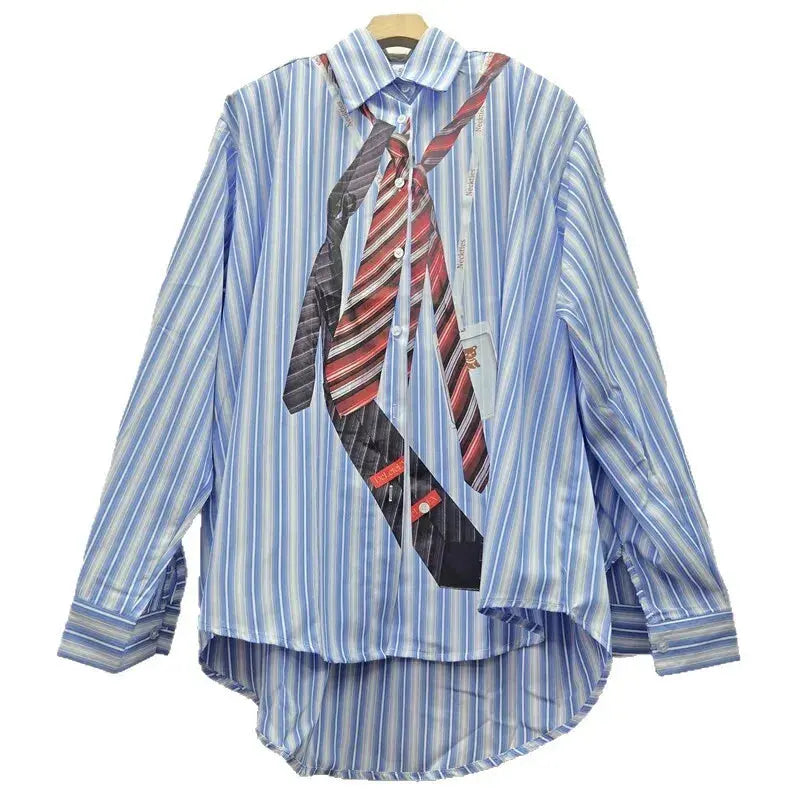 Back view of the tailored striped blouse, highlighting its structured design and elegant fit.